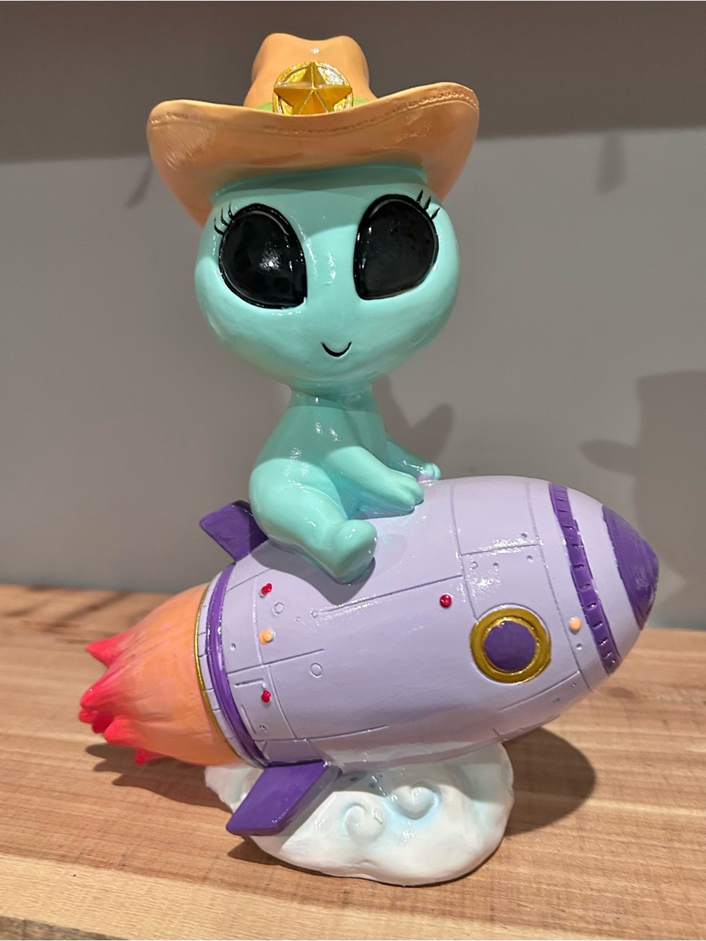 Adorable Mint Green Alien on a Purple Rocket w/Cowboy Hat